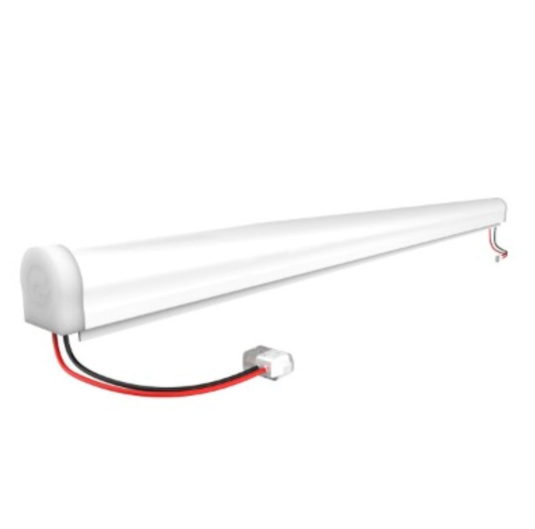White fluorescent light fixture with wiring on a white background