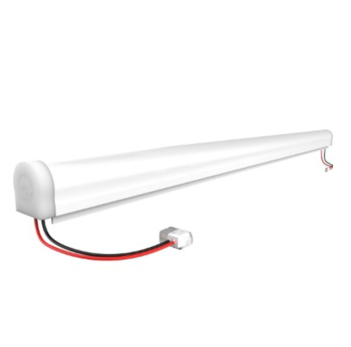 White fluorescent light fixture with wiring on a white background
