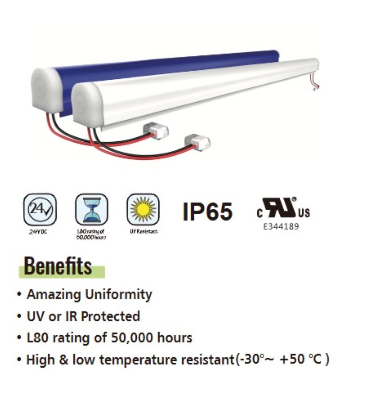 Light fixture with certifications and benefits listed on a white background