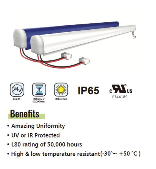 Light fixture with certifications and benefits listed on a white background
