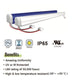 Light fixture with certifications and benefits listed on a white background