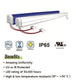 Light fixture with certifications and benefits listed on a white background