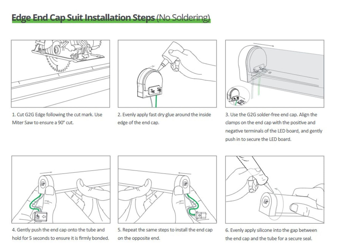Step-by-step guide for installing an edge end cap suit without soldering, illustrated with line drawings.