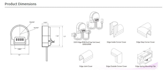 Technical drawings of various edge corner covers and joint clips with dimensions on a white background.
