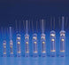 Set of clear plastic syringes with needles on a blue background