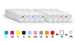 Set of ink cartridges with color swatches below