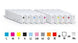Set of ink cartridges with color swatches below