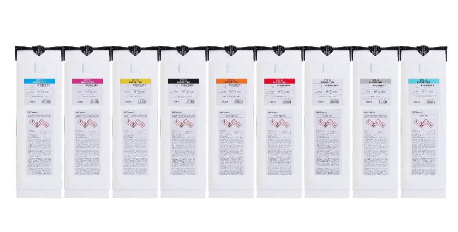 Set of ink cartridge packaging with labels on a white background
