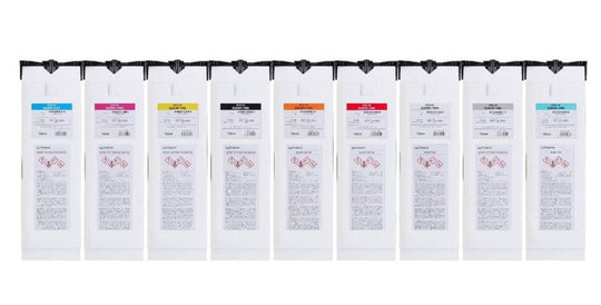 Set of ink cartridge packaging with labels on a white background