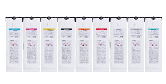 Set of ink cartridge packaging with labels on a white background