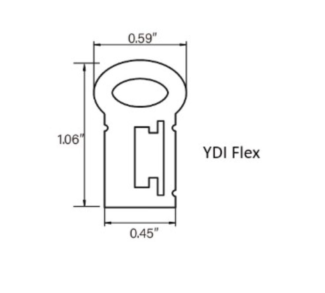 Technical drawing of a YDI Flex component with dimensions on a white background