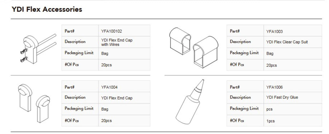 YDI Flex Accessories with product details on a white background