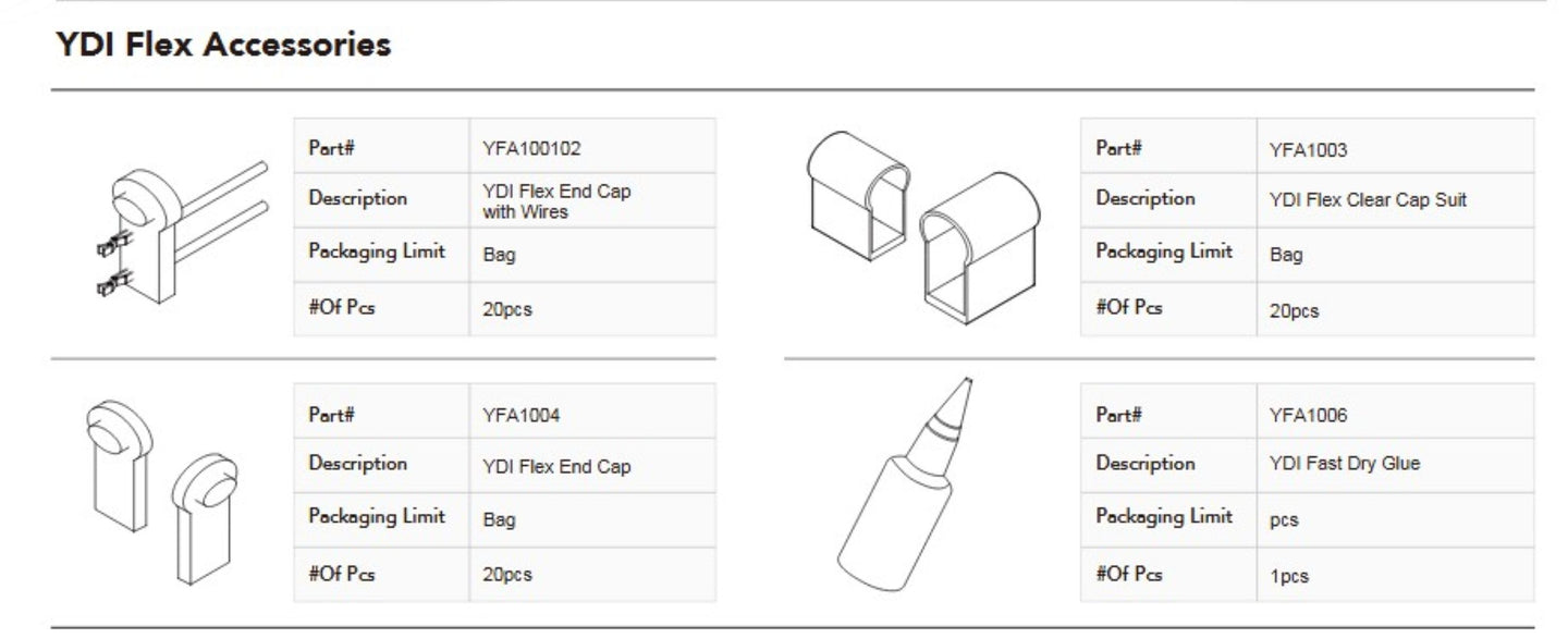 YDI Flex Accessories with product details on a white background