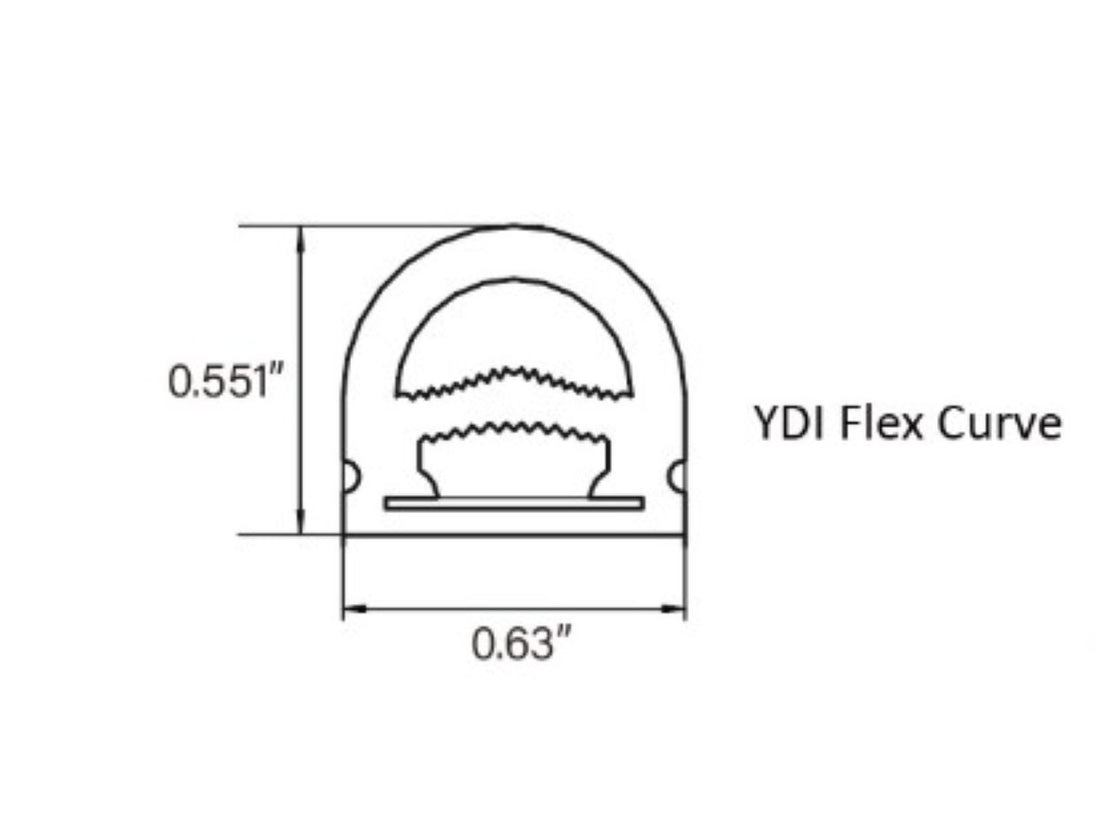 Technical drawing of a YDI Flex Curve component with dimensions on a white background