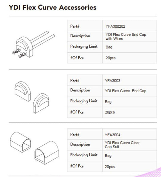 YDI Flex Curve Accessories with product details on a white background