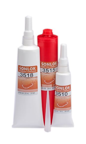 Three Sonlok adhesive tubes on a white background