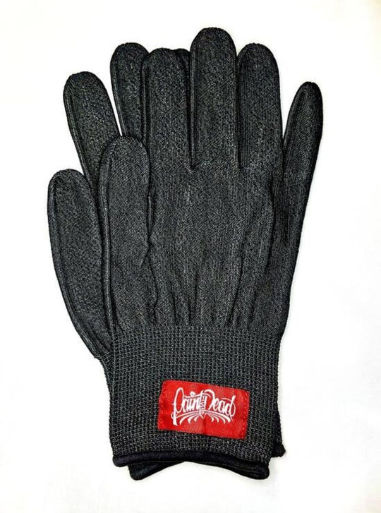 Black glove with a red and white logo on a white background