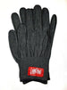 Black glove with a red and white logo on a white background