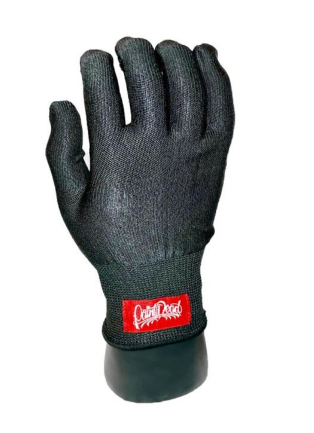 Black glove with a red logo on a white background