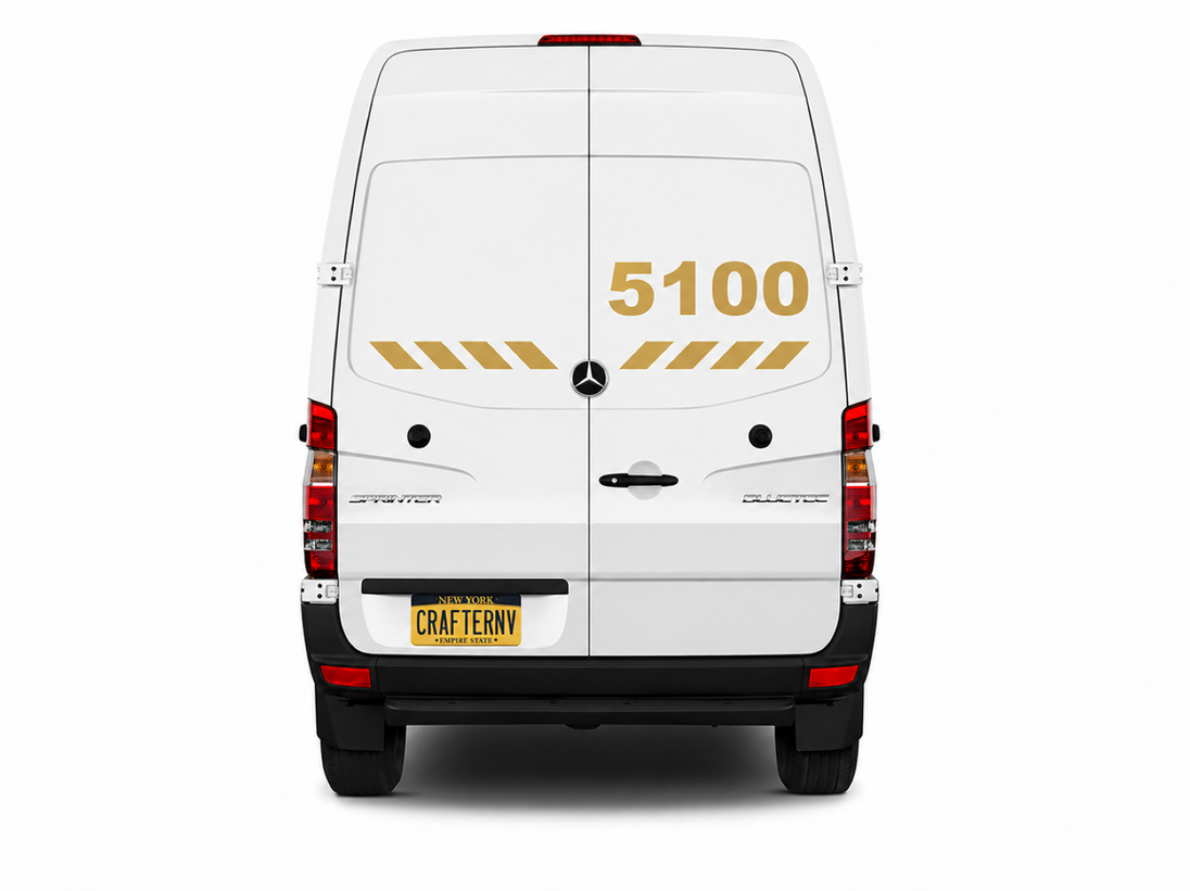 White van with yellow numbering and 'Crafterny' branding on a white background