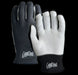 Pair of black and gray gloves with 'Cruel Dead' branding on a clear background