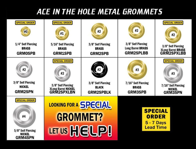 Chart of metal grommets with specifications and ordering information.