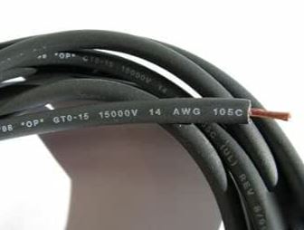 Coiled black cable with specifications on a white background