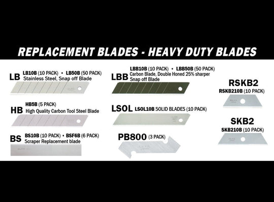 Catalog page showing various types of replacement blades with product names and pack sizes.