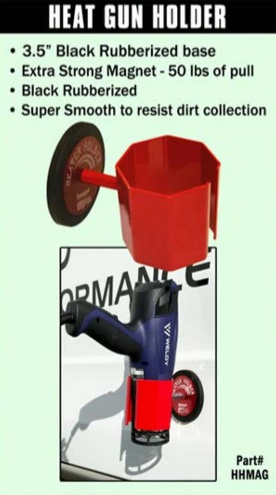 Red heat gun holder with black rubberized base and magnet on a green background