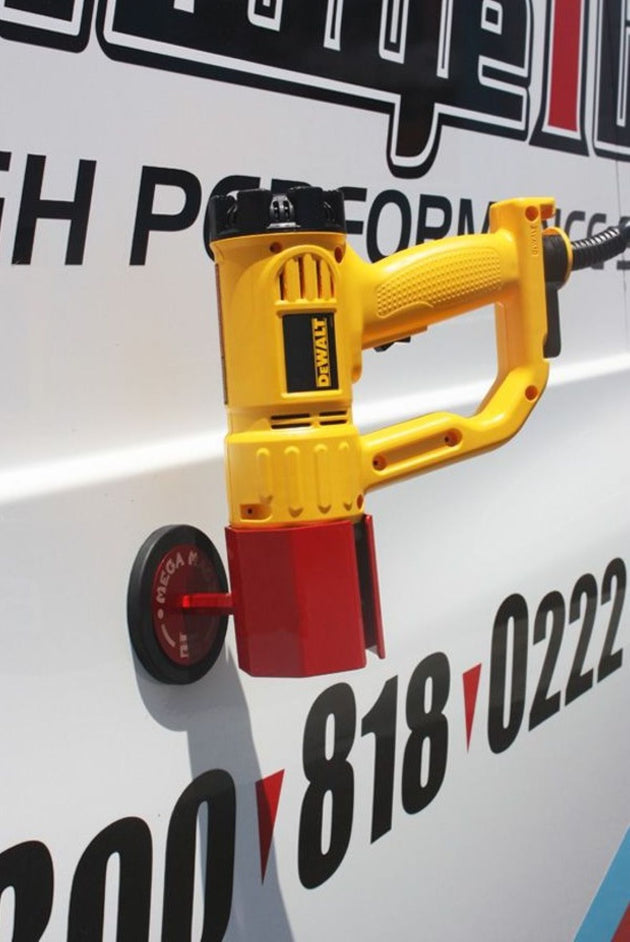 Yellow and red power drill against a white background with black text and numbers.