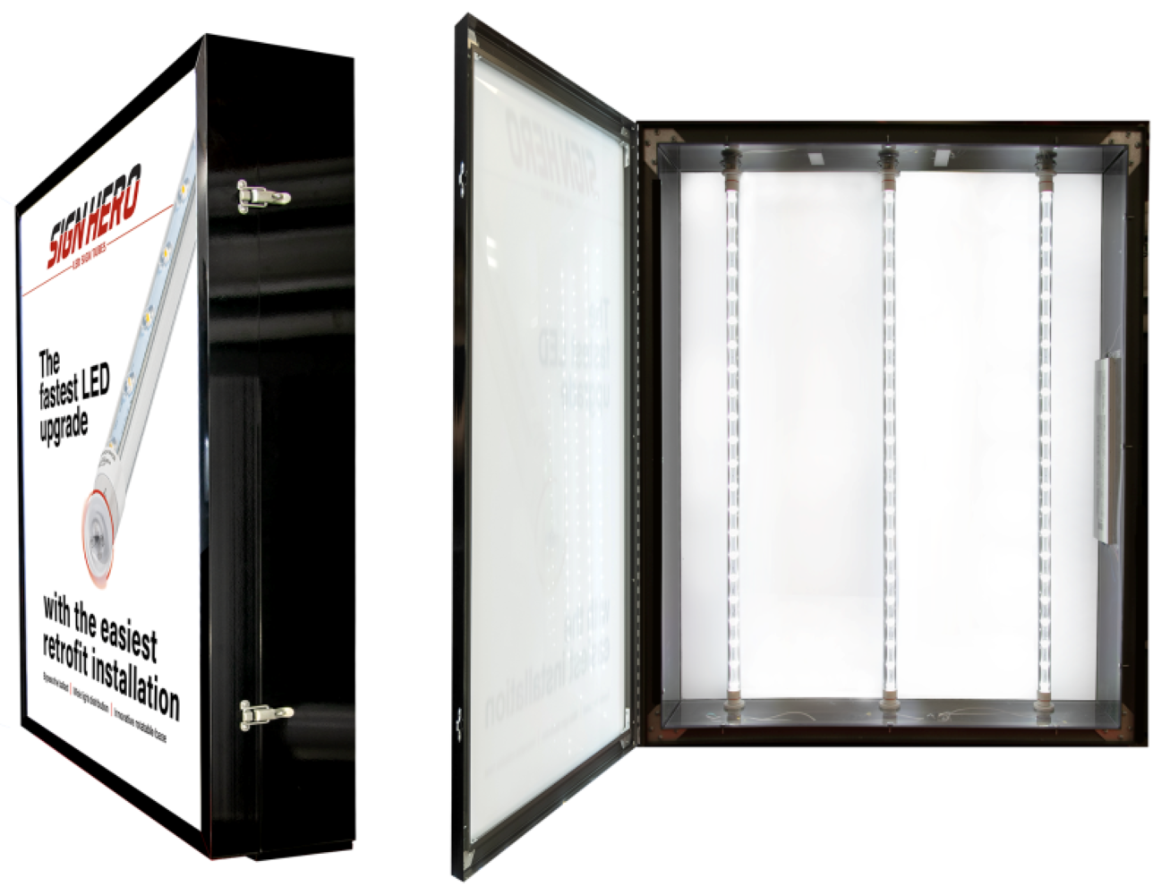Two views of a SIGNHERO LED wall light box: one showing the black cabinet exterior with a white front panel and product graphic, and the other showing the open cabinet interior with four vertical LED light bars inside.