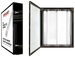 Two views of a SIGNHERO LED wall light box: one showing the black cabinet exterior with a white front panel and product graphic, and the other showing the open cabinet interior with four vertical LED light bars inside.