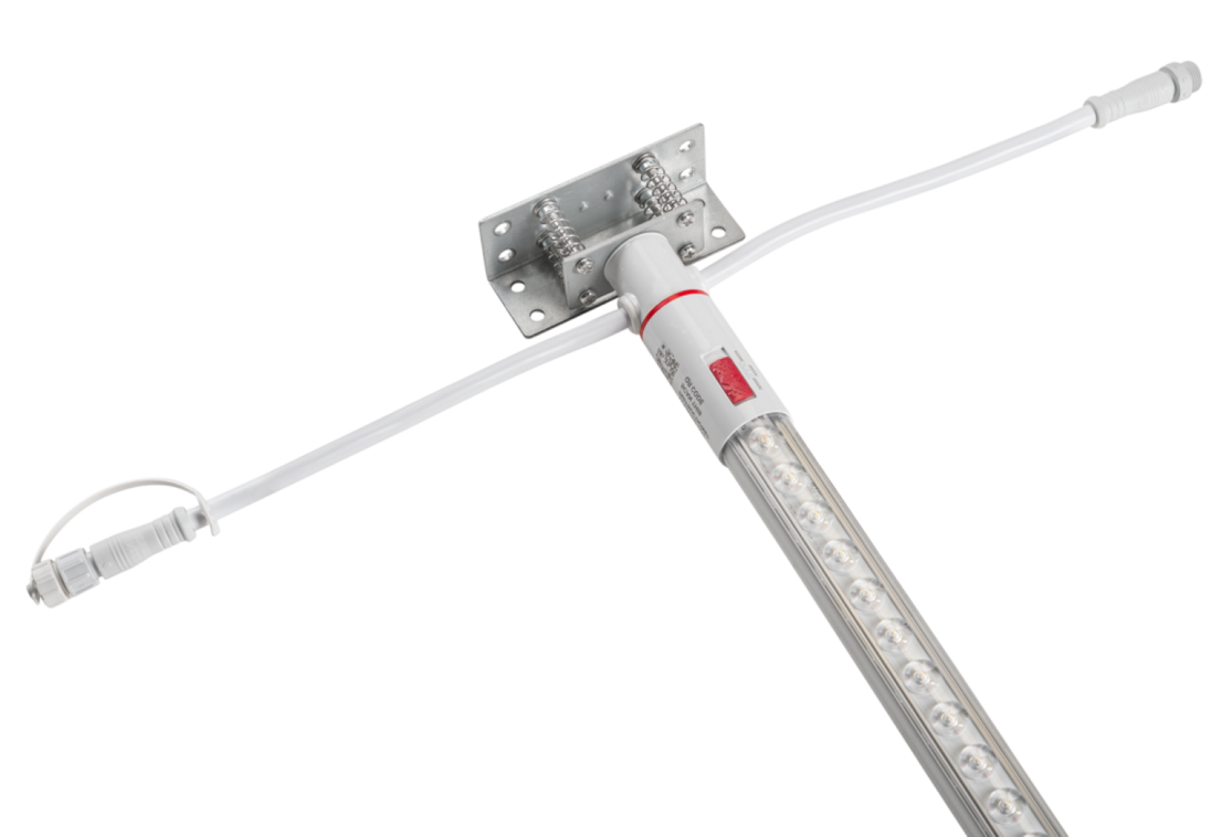 A long LED light bar with a silver metal tube, white plastic connectors, and a silver mounting bracket, shown on a solid white background.