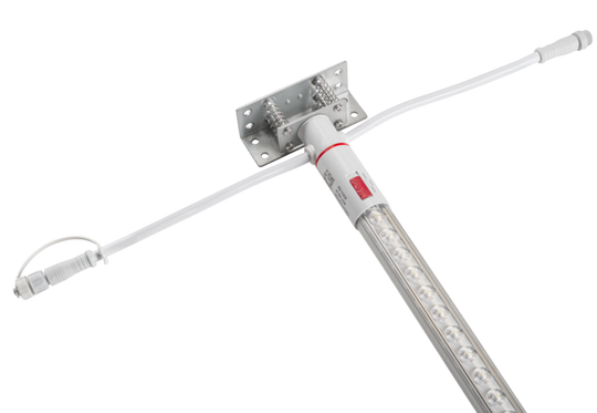 A long LED light bar with a silver metal tube, white plastic connectors, and a silver mounting bracket, shown on a solid white background.