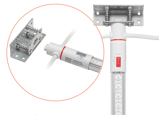 A white LED light pole with a silver metal mounting bracket and a red accent ring, shown alongside a circular inset highlighting the connector details of the pole and bracket.