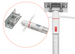 A white LED light pole with a silver metal mounting bracket and a red accent ring, shown alongside a circular inset highlighting the connector details of the pole and bracket.
