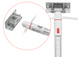 A white LED light pole with a silver metal mounting bracket and a red accent ring, shown alongside a circular inset highlighting the connector details of the pole and bracket.