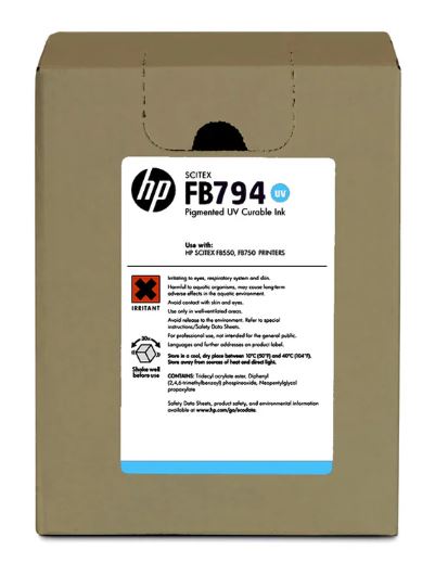 Box of HP FB794 Pigmented UV Curable Ink with label on beige background