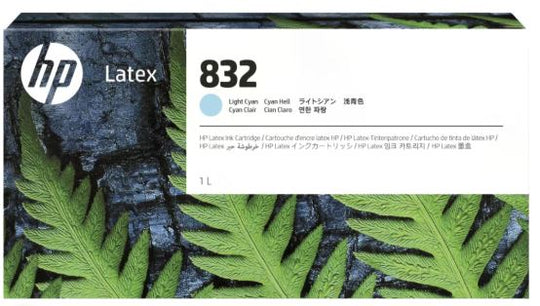 HP Latex 832 light cyan ink cartridge packaging with fern leaf design