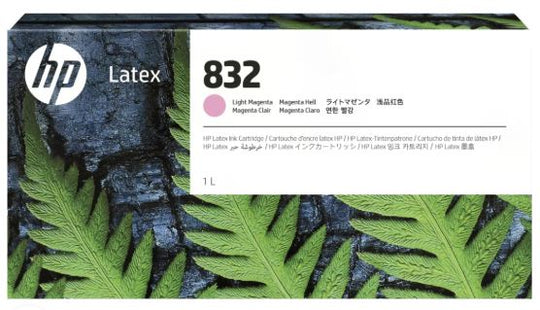 HP Latex 832 light magenta ink cartridge packaging with fern leaf design
