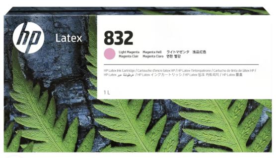 HP Latex 832 light magenta ink cartridge packaging with fern leaf design