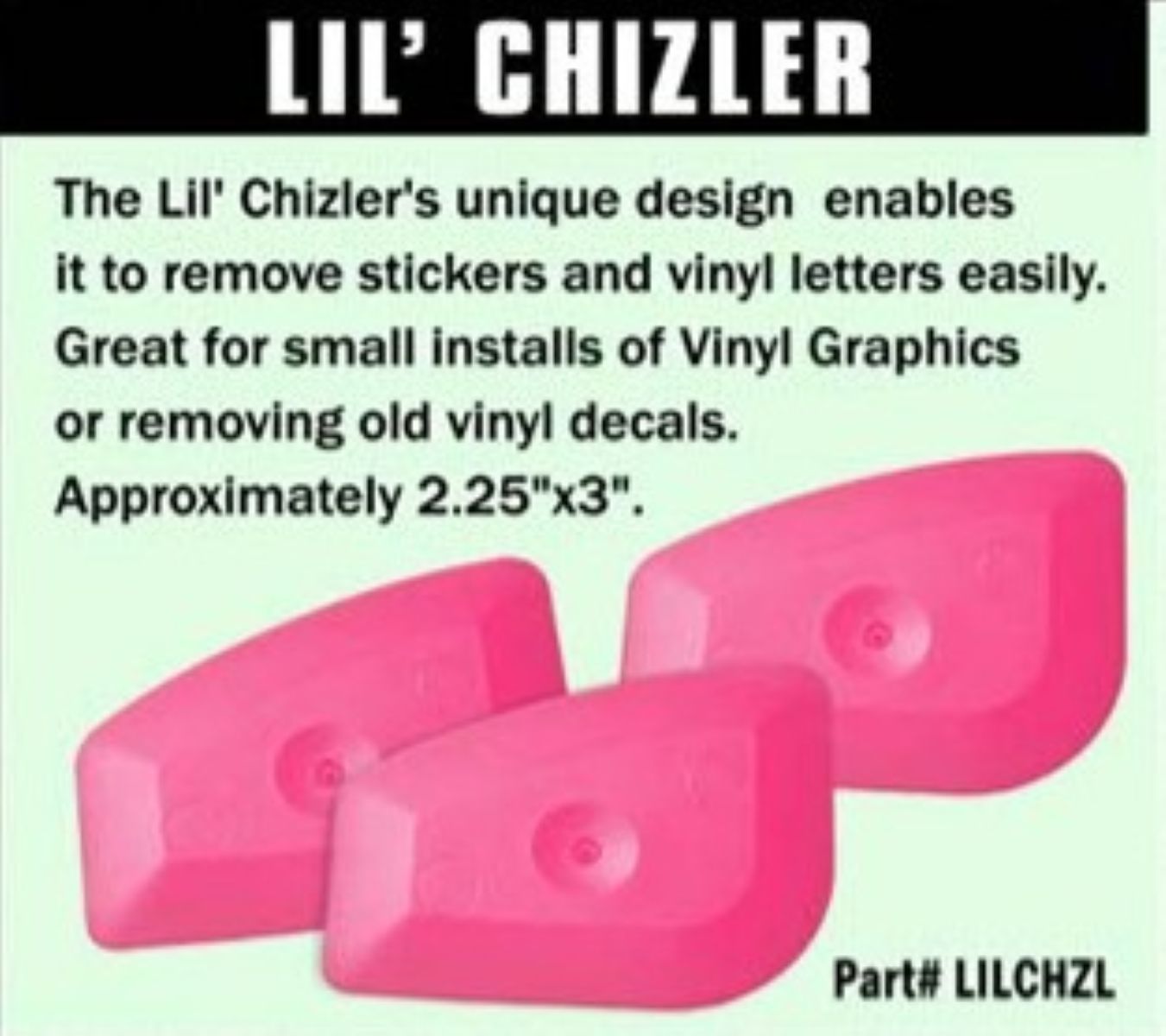 Pink tools for removing stickers and vinyl letters with text about their use and dimensions.