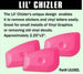 Pink tools for removing stickers and vinyl letters with text about their use and dimensions.