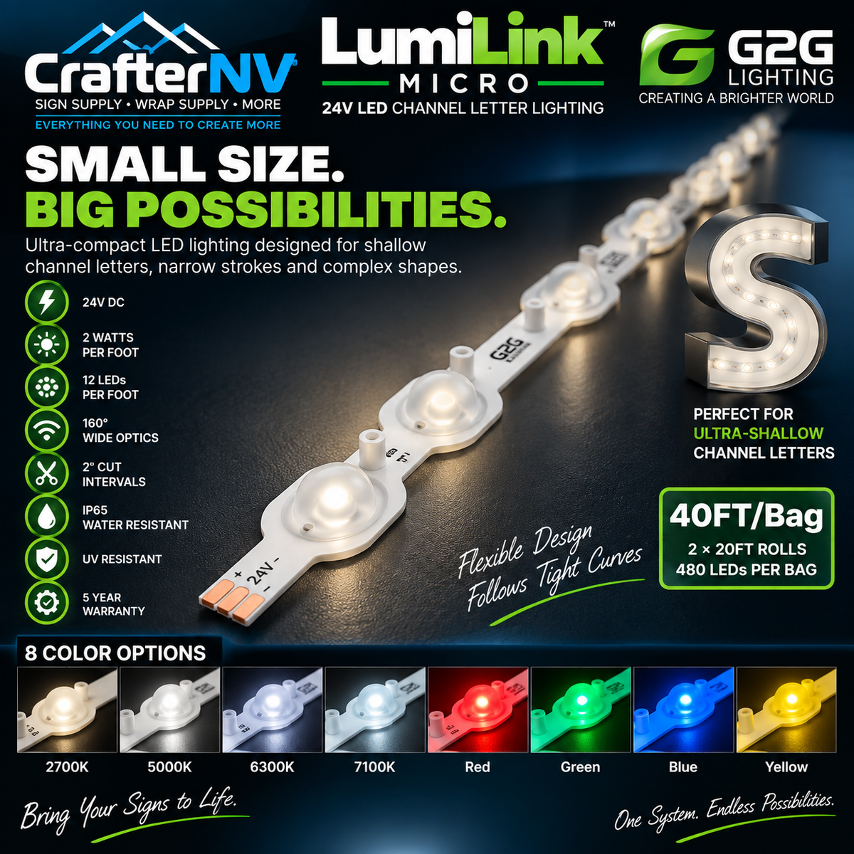 LumiLink Micro G2.0 LED channel letter lighting strip shown on a dark reflective surface, with the CrafterNV branding at the top and color option thumbnails along the bottom.