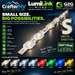 LumiLink Micro G2.0 LED channel letter lighting strip shown on a dark reflective surface, with the CrafterNV branding at the top and color option thumbnails along the bottom.