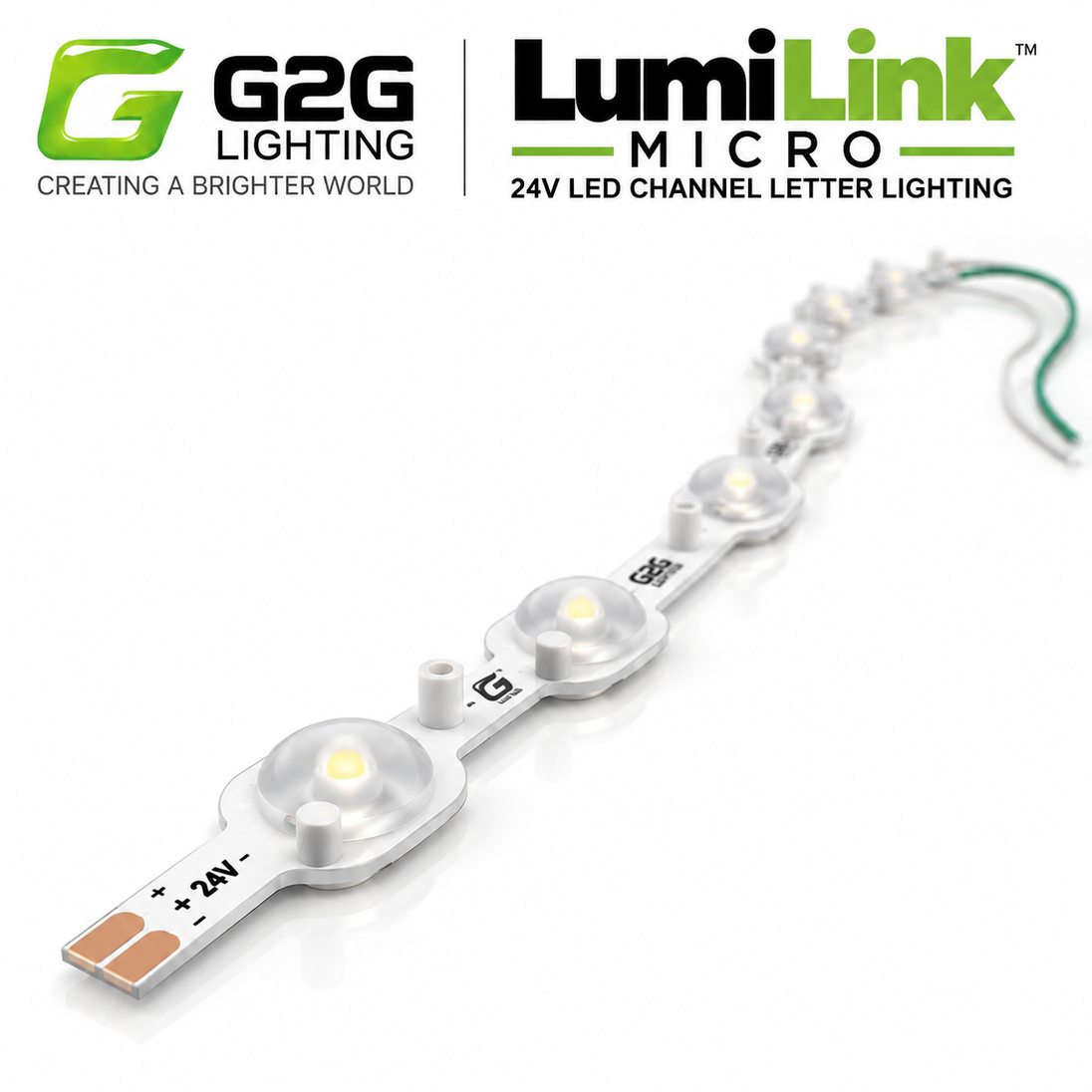 A 24V LED channel letter light strip by LumiLink Micro, featuring multiple illuminated dome LEDs on a white flexible carrier with green and white wire leads, shown on a white background with G2G Lighting branding at the top.
