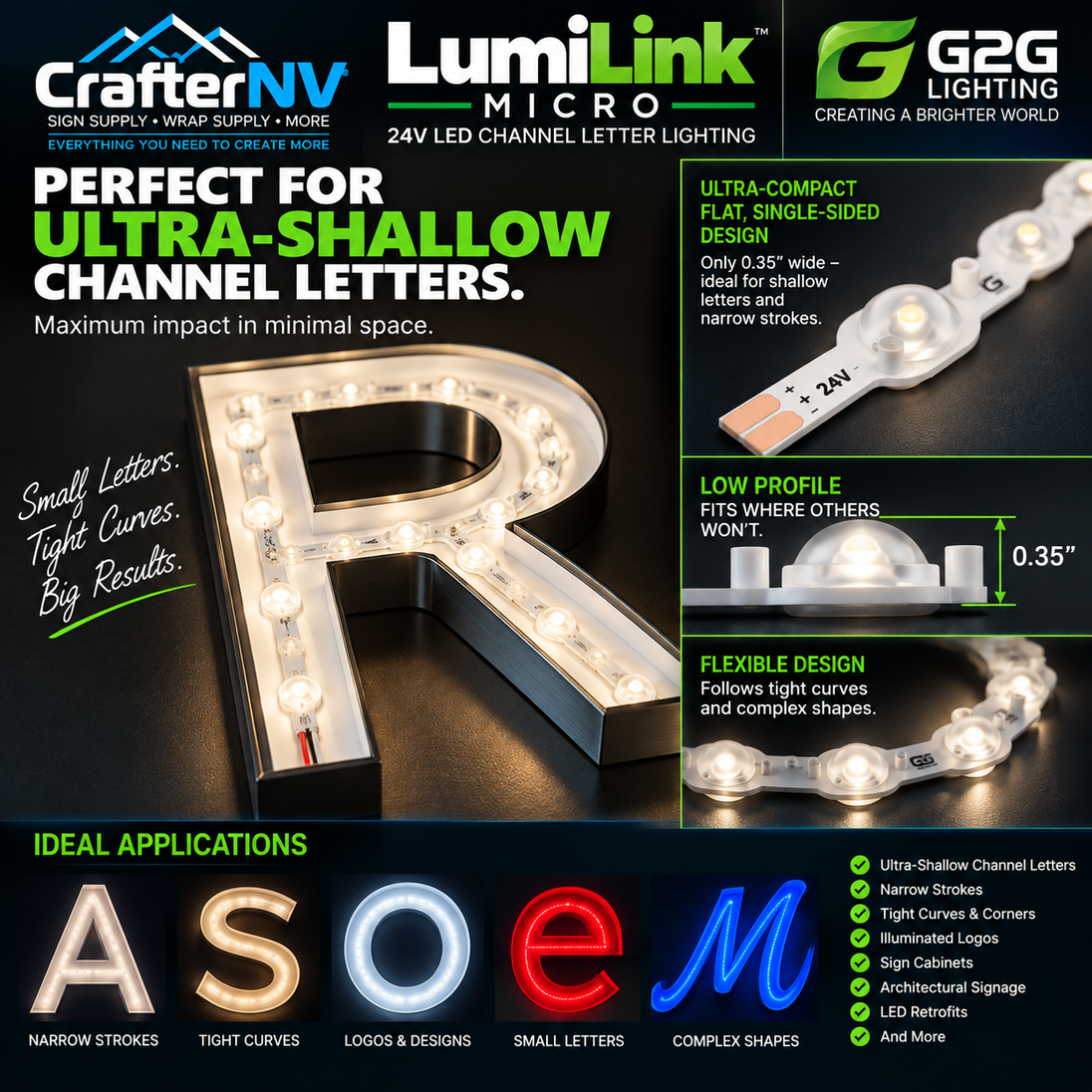 An illuminated LED channel letter light shaped like the letter R, shown on a dark promotional graphic with branding for CrafterNV and LumiLink, plus feature callouts and example applications including logos, signs, and architectural signage.