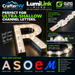 An illuminated LED channel letter light shaped like the letter R, shown on a dark promotional graphic with branding for CrafterNV and LumiLink, plus feature callouts and example applications including logos, signs, and architectural signage.