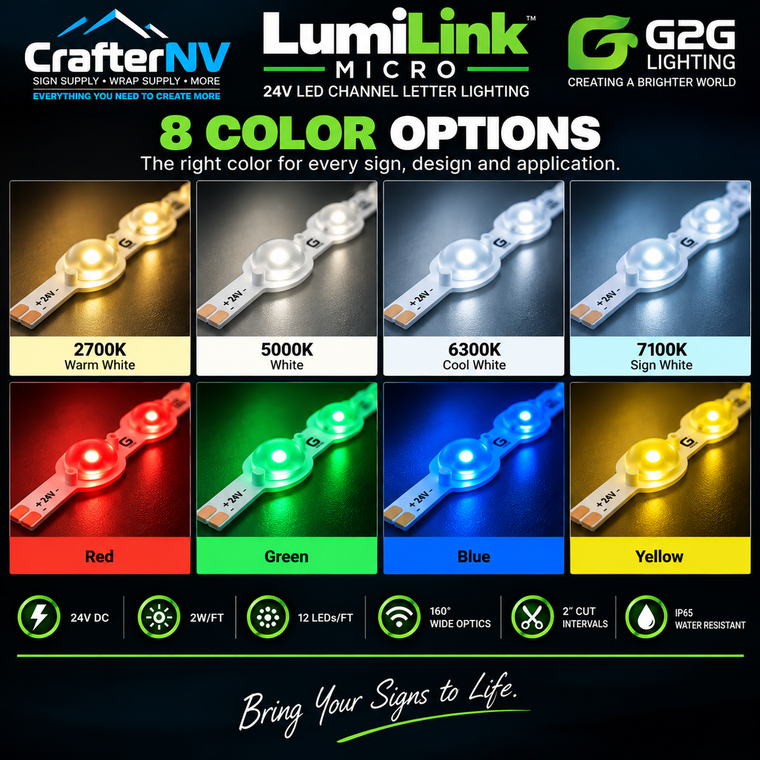 Promotional graphic for LumiLink Micro 24V LED channel letter lighting showing eight color options in a grid: warm white, white, cool white, sign white, red, green, blue, and yellow. The image includes the CrafterNV and LumiLink branding, feature icons, and a dark background.