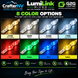 Promotional graphic for LumiLink Micro 24V LED channel letter lighting showing eight color options in a grid: warm white, white, cool white, sign white, red, green, blue, and yellow. The image includes the CrafterNV and LumiLink branding, feature icons, and a dark background.